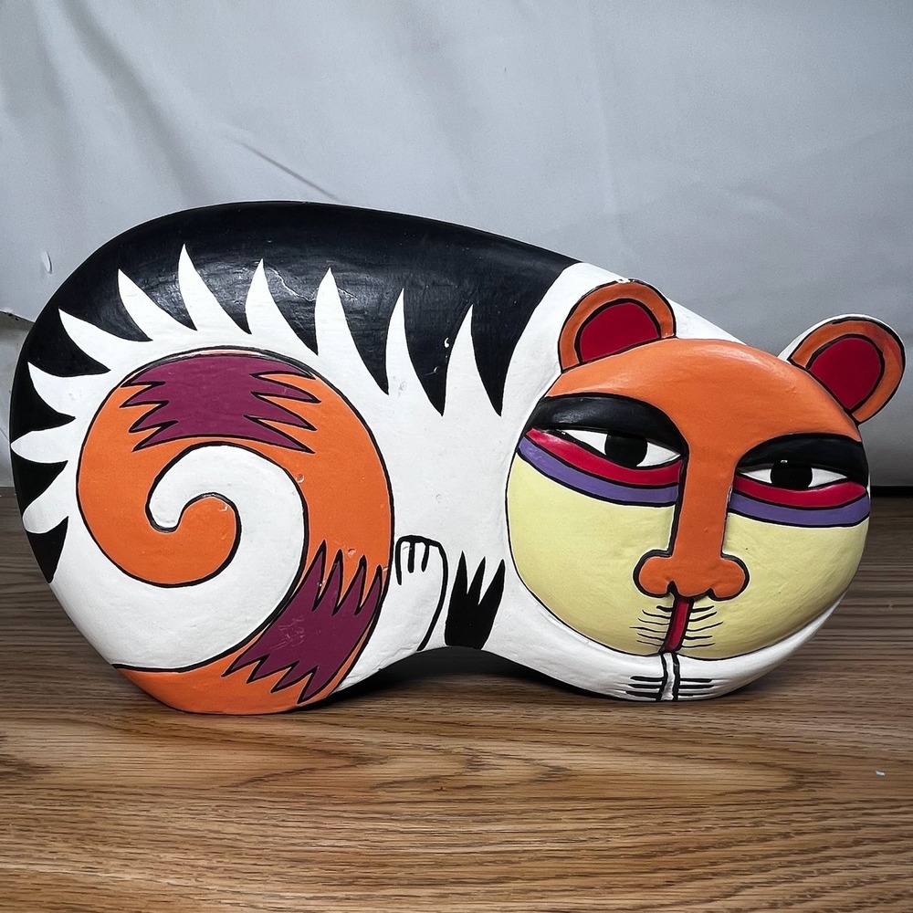 Hand Painted Wood Cat Figurine Multicolor Folk Art Made in Indonesia Whimsical
